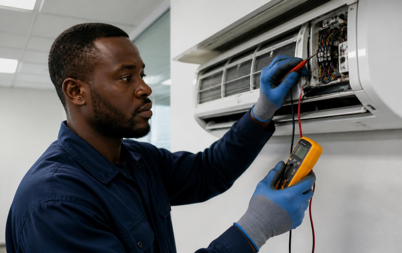 Técnico a fazer manutenção de ar condicionado
